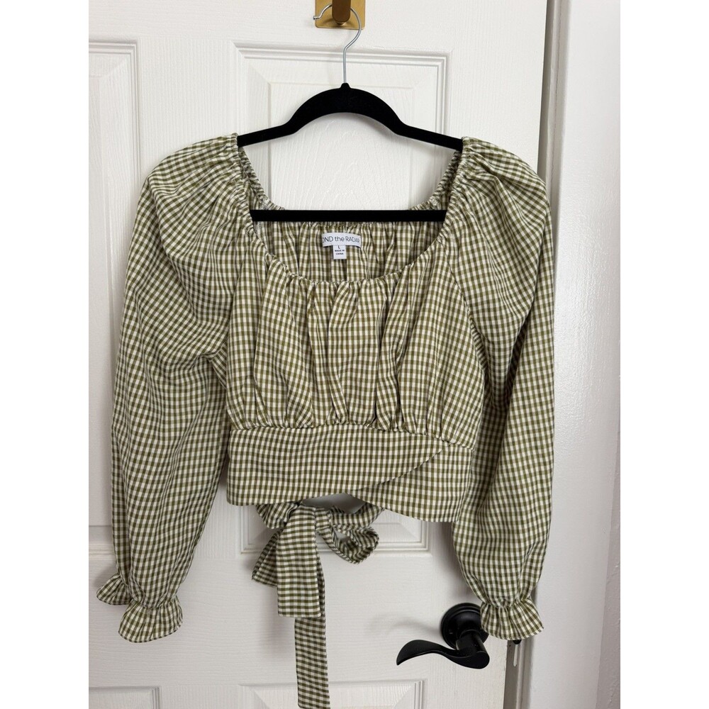 BEYOND THE RADAR Olive Green Gingham Plaid Print Smocked Crop Front Tie Top - L